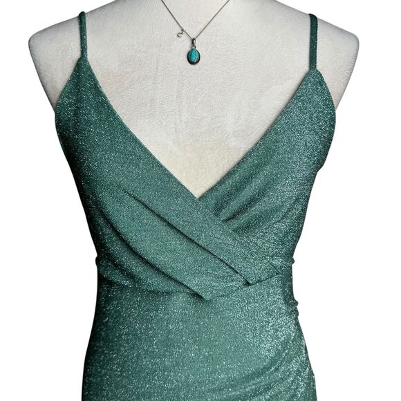 Vine And Valley Green Shimmer Ruched V-neck Side Slit Midi Dress M Holiday Glam - Picture 5 of 11